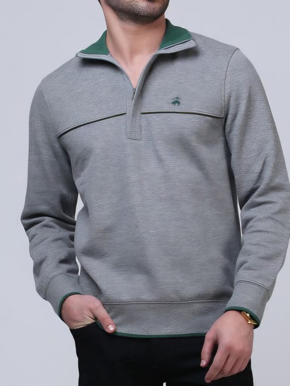 Brooks Brothers Grey Quarter-Zip Sweater with Green Trim